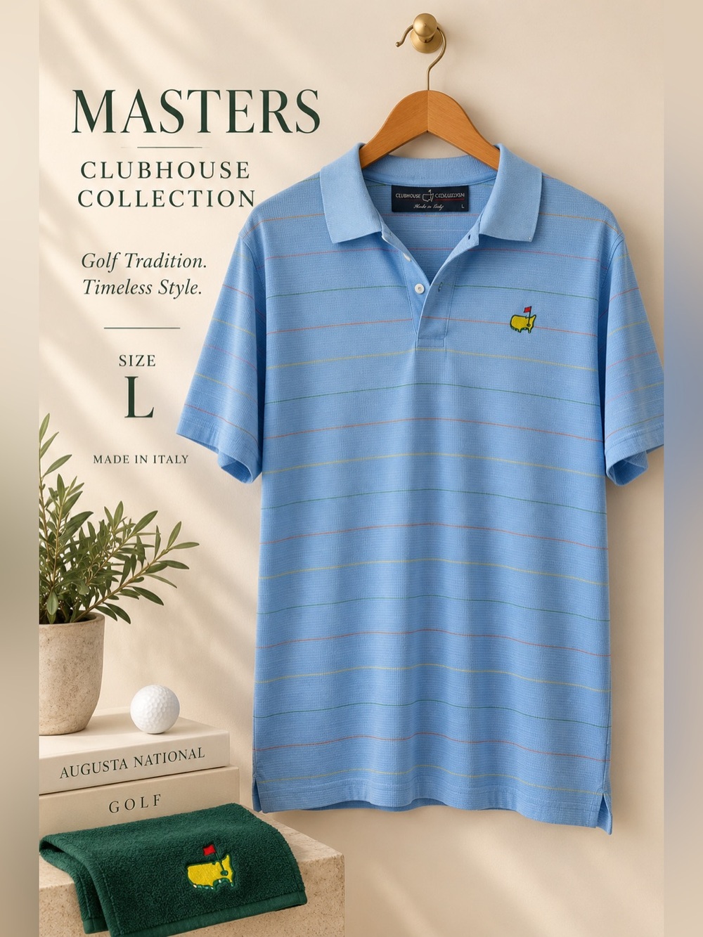 Masters Clubhouse Collection Striped Golf Polo Shirt Blue Size Large Made in Ita